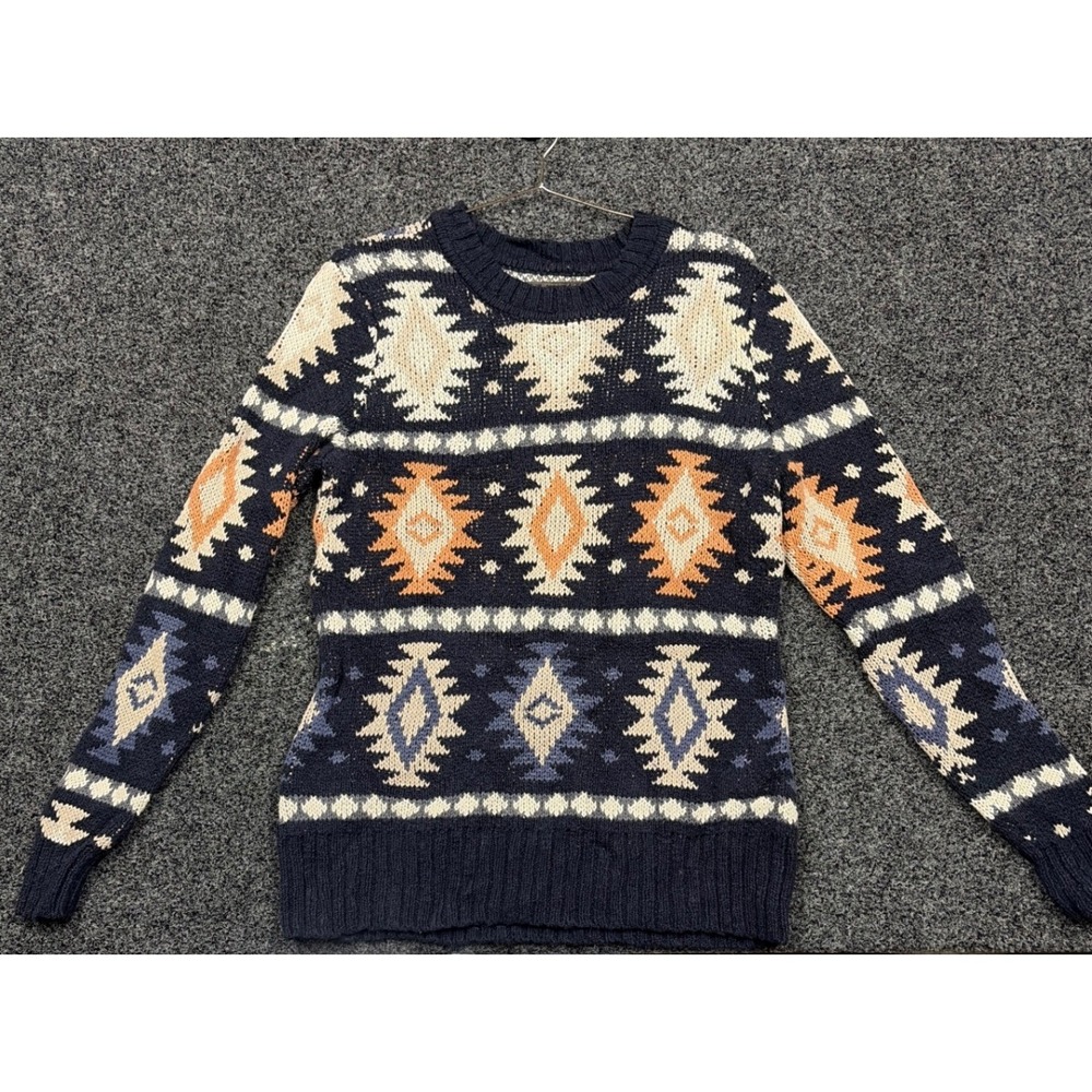 LL Bean Signature Sweater Women L Navy Blue Fair Isle Aztec Cotton Knit 506546 - Picture 1 of 5